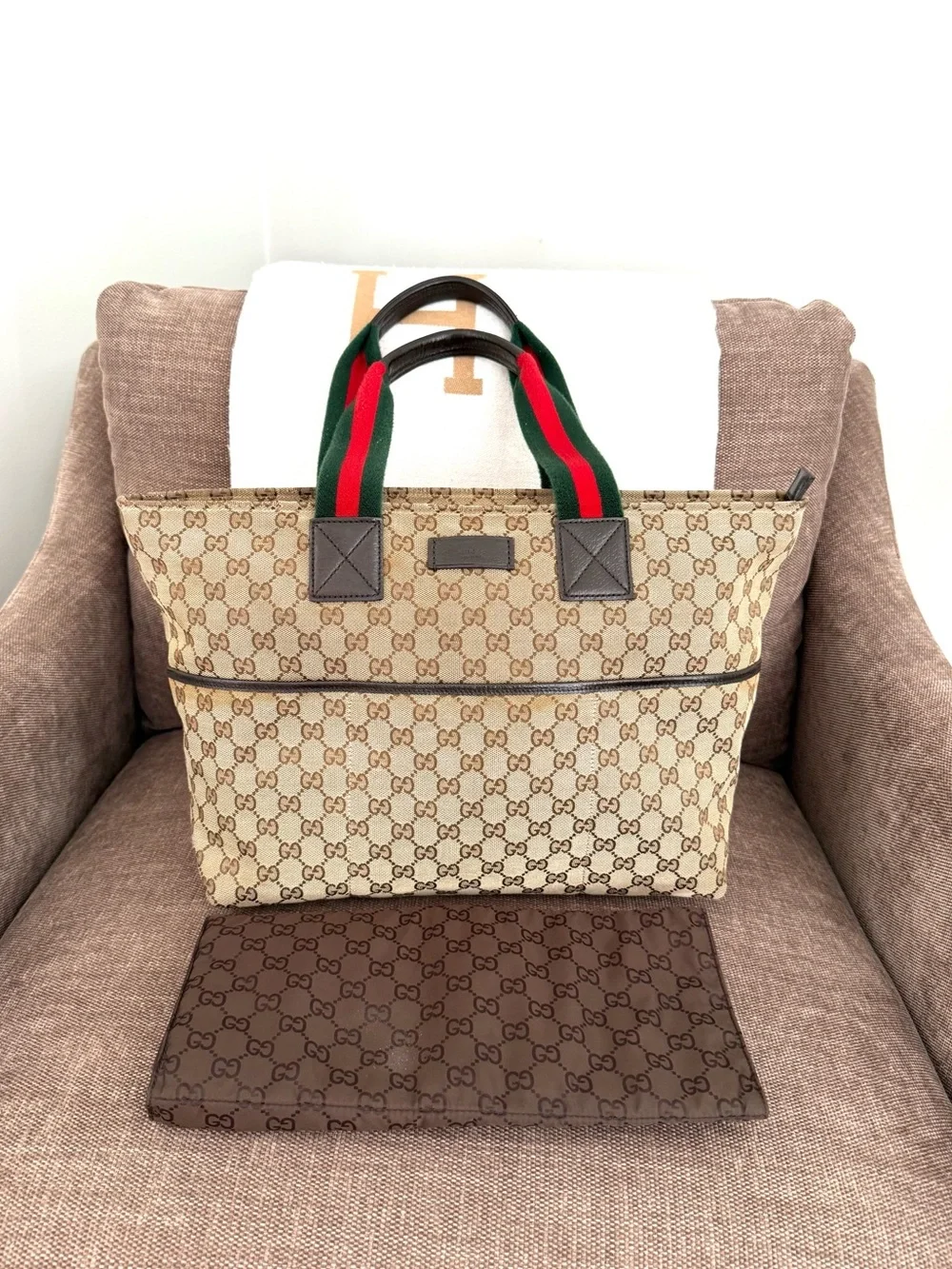 Gucci authentic tote bag brown monogram canvas diaper bag red green handles